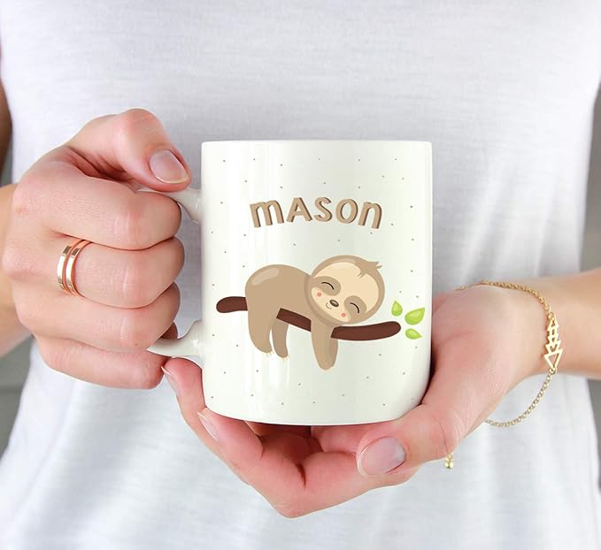 Andaz Press Personalized 11oz. Kids Hot Chocolate Mug, Baby Sloth on Tree, 1-Pack, Custom Child’s Birthday Christmas Coffee Cup