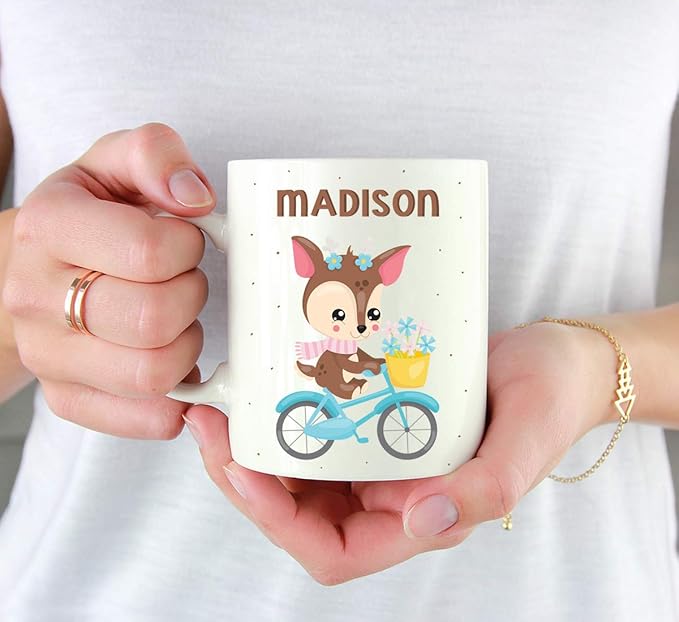 Andaz Press Personalized 11oz. Kids Milk Hot Chocolate Mug, Deer Blue Bicycle, 1-Pack, Custom Child’s Birthday Christmas Coffee Cup