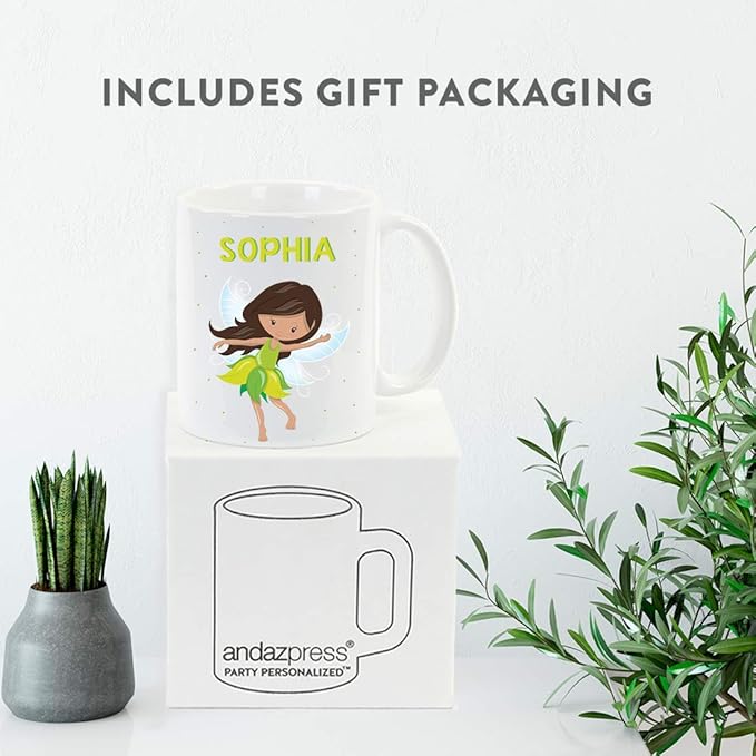 Andaz Press Personalized 11oz. Kids Milk Hot Chocolate Mug, Green Fairytale Princess, 1-Pack, Custom Child’s Birthday Christmas Coffee Cup