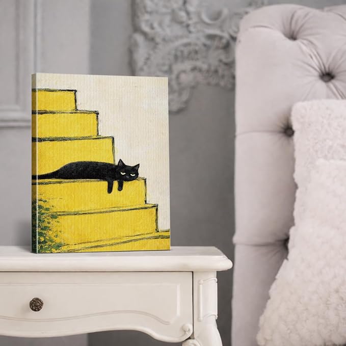 Vintage Black Cat Wall Art Decor Cute Kitten on Stairs Print Picture Cat Lover Gifts Wall Decor for Home Living Room 8x10 Inch Canvas Framed