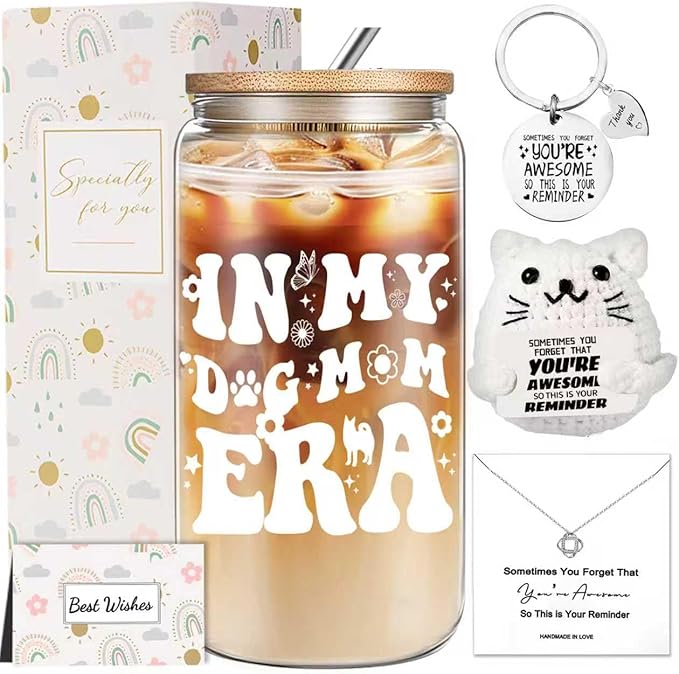 Dog Mom Christmas Gifts for Women, Dogs Themed Gift Set with 16 oz Glass Cup, Birthday Thank You Gifts for Dog Lover Best Friend Sister Mom