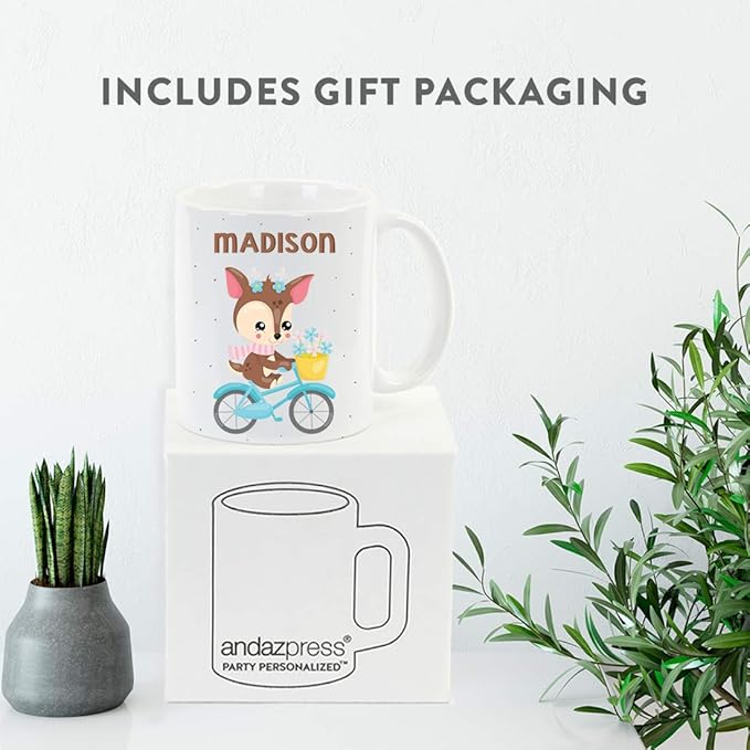 Andaz Press Personalized 11oz. Kids Milk Hot Chocolate Mug, Deer Blue Bicycle, 1-Pack, Custom Child’s Birthday Christmas Coffee Cup