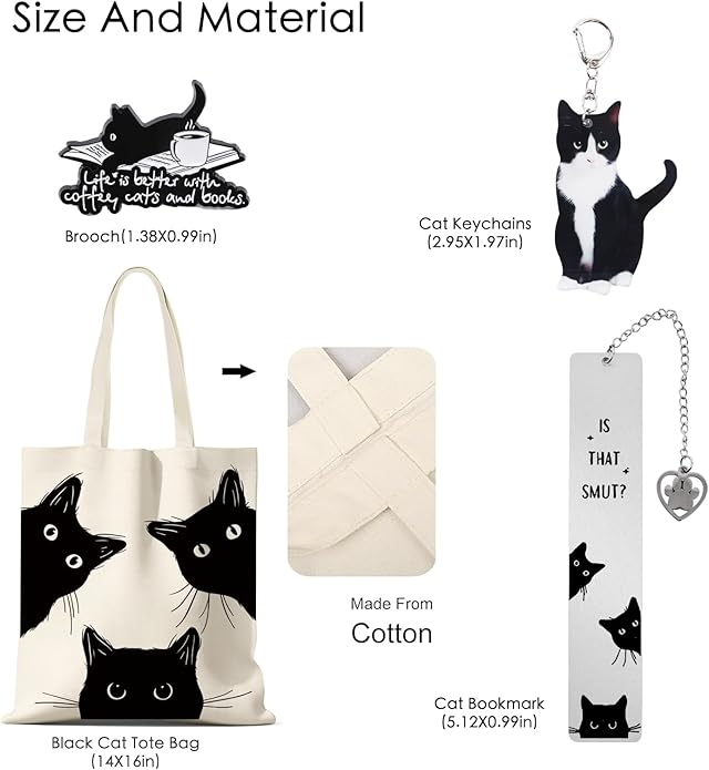 Black Cat Tote Bag Set Gifts for Cat Lovers, Book Lovers Gifts for Women, 4Pcs Bookish Reading Accessories for Readers Librarian, Includes Canvas Tote Bag, Bookmark, Brooch, keychain