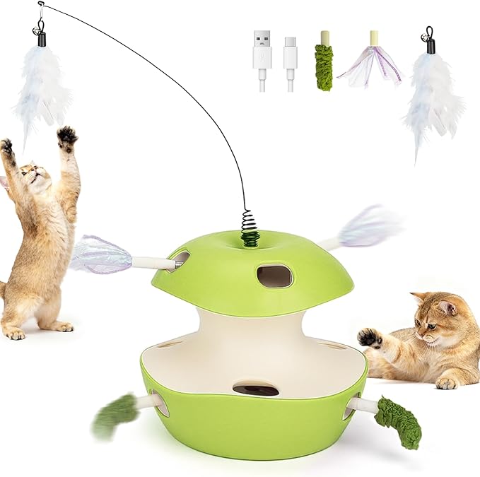 Joytale Interactive Cat Toy for Bored Indoor Cats, Automatic 10-Hole Whack A Mole Apple Toy, 2-in-1 Electric Motion Sensor Toy with Teaser Wand, USB Rechargeable, Boredom Relief, Green