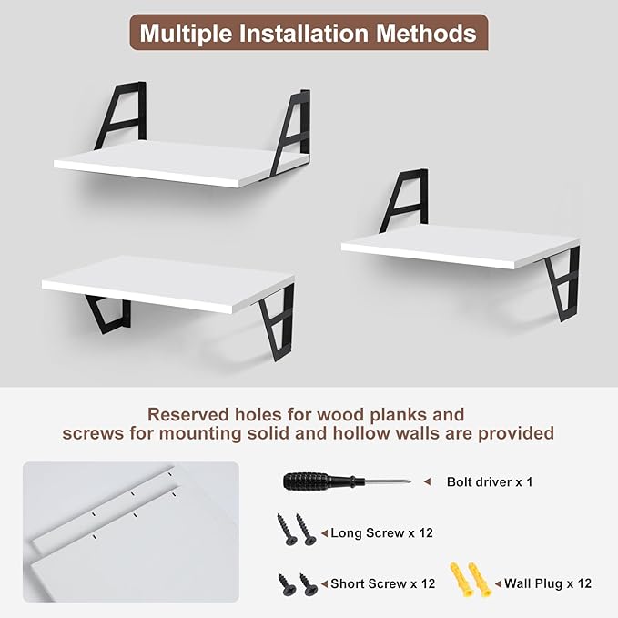 Tectocker-DOU Set of 2 Deep Floating Shelves; Mounted Book Shelf for Living Room, Bedroom Shelves for Wall Decor; Shelves for Wall Storage; Shelving with Metal Brackets, 12 Inches (White)