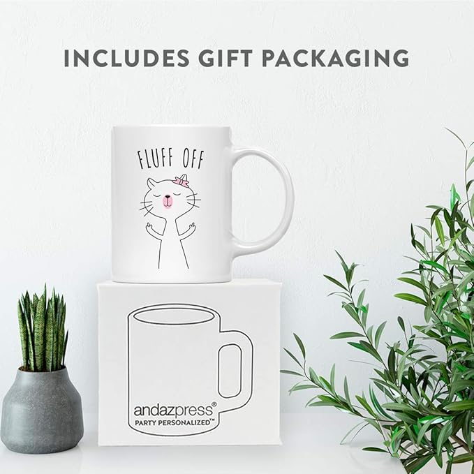 Andaz Press Funny Cat Lover 11oz. Ceramic Coffee Tea Mug, Fluff Off, 1-Pack, for Cat Mom, Birthday Christmas Ideas, Includes Box