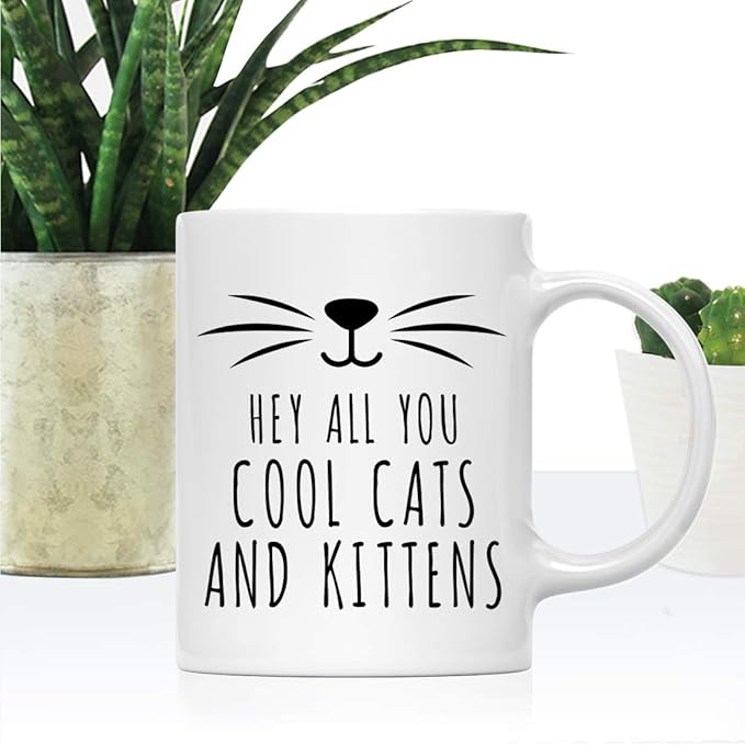 Andaz Press Funny Cat Lover 11oz. Ceramic Coffee Tea Mug, Hey All You Cool Cats And Kittens, 1-Pack, for Cat Mom, Birthday Christmas Ideas, Includes Box