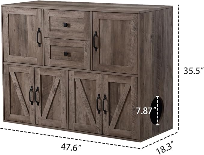Spacious Wooden Double Cat Litter Cabinet with Drawers for Two Cats, Indoor Dog-Proof Cat House with Dual Compartments, 47.6 Inch Modern Privacy Litter Box Furniture (Grey)
