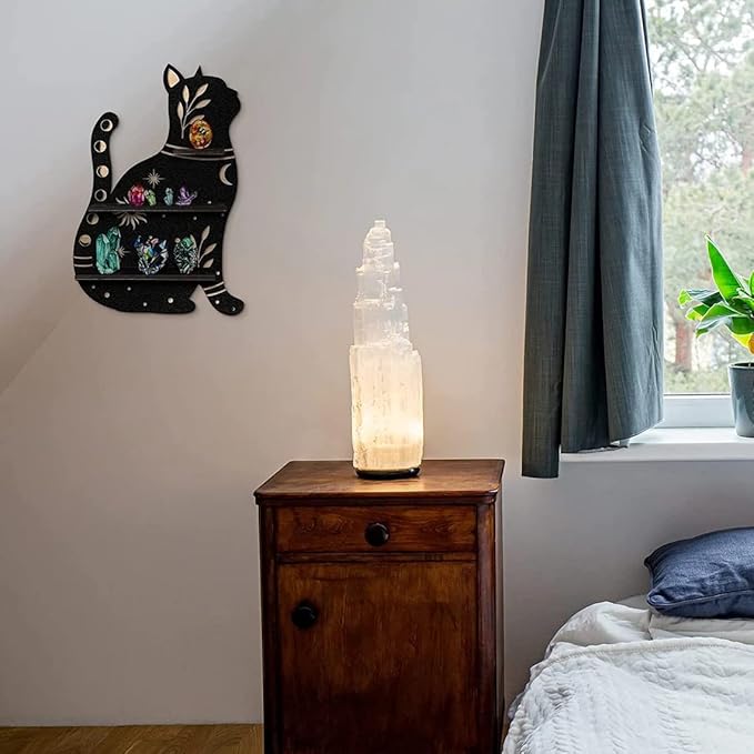 Crystal Display Shelf Wall Moon Shelves Luna Moth Hamsa Hand Holder Floating Wall Mounted Decorative Crystal Shelf (Wooden Butterfly-38.5 * 28cm/15 * 11inch)