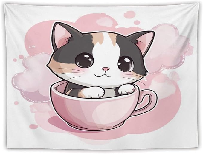 Tapestry's Wall Hanging Kawaii Cat Tapestry Pink Smile Kitten Cat Face Meow Bedroom Tapestries for Bedroom Aesthetic Home Decor 60"x80" Wall Hanging for Home Decor Bedroom Living Room Dorm Decor