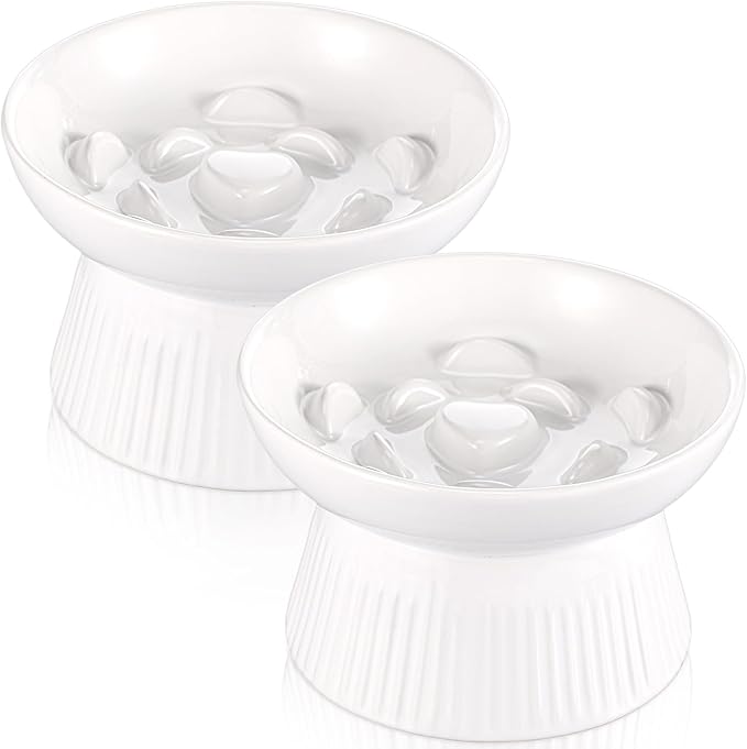 Layhit 2 Pack Raised Slow Feeder Cat Bowls Ceramic Elevated Cat Food Bowls Anti Vomiting Slow Feeder for Dog and Kitten for Dry and Wet Food(White)