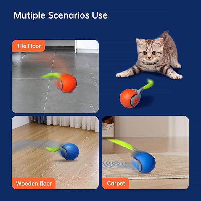 Petgravity Speedy Sprint Cat Toy Ball, 2026 Upgraded Interactive Cat Toys for Indoor Cats Exercise, 2 Speeds Rechargeable Smart Moving Ball for All Breeds with 2 Detachable Tails, Blue