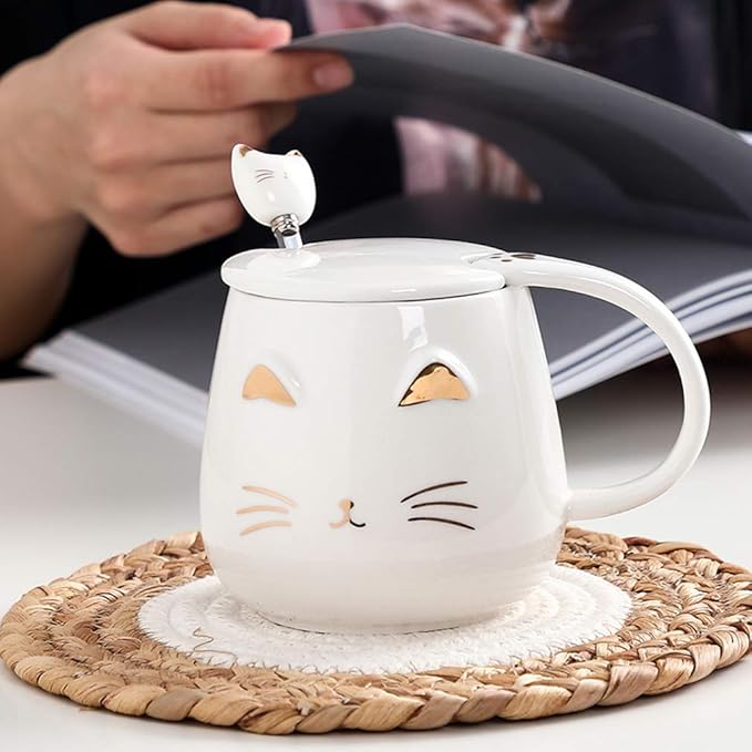 White Cat Mug, Cute Kitty Ceramic Coffee Mug with Stainless Steel Spoon, Novelty Coffee Mug Cup for Cat Lovers Women Girls