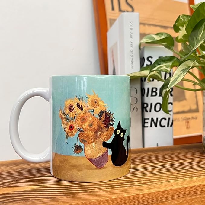 Famous Art Paintings Funny Cat Coffee Mug for Artist Art Lover Teacher Cat Lovers, Famous Picture Classic Vincent Aesthetic Canvas Mug Birthday Gift for Women Man (Black Cat Sunflower)