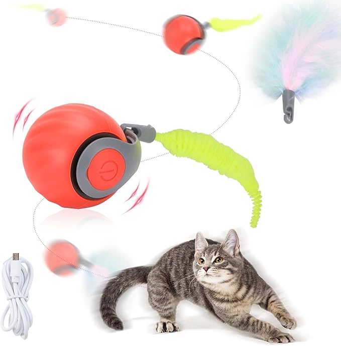 Speedy Tail Automatic Cat Ball Toy Self Rolling Moving Self-Rotating Cat Exercise Ball USB Rechargeable Interactive Hunting Cat Toy (Upgrade Orange)