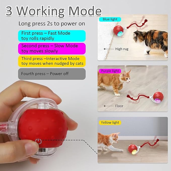 Interactive Cat Toy Ball – Automatic Rolling Cat Toys for Indoor Cats, Motion Activated & Chirping Sound with 4 Replaceable Tails, Rechargeable Cat Toys for Bored Indoor Adult Cats, Kittens -RED