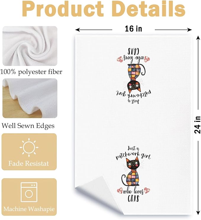 Quilter Cat Kitchen Towels, Cat Quilting Lover Gifts Dish Tea Towels, Just a Patchwork Girl Who Loves Cats Decorative Hand Towel for Bathroom Kitchen, 16x24 Inch