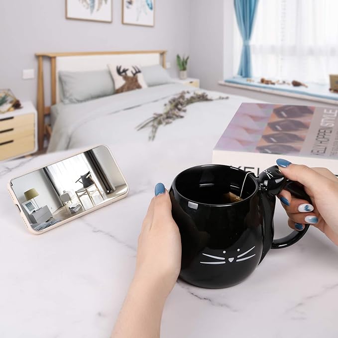 Koolkatkoo Cat Coffee Mug for Women Cute Ceramic Mugs for Cat Lover Tea Cup Black - White