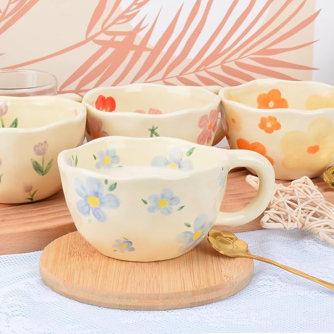 Cute Coffee Mug,Ceramic Tea cup,Kawaii coffee mugs,Handmade Creative Flower Pink mug with Spoon,Aesthetic mugs for milk Cappuccino Cocoa,8.5 oz Cheery Mug Gift for Women Christmas (Blue)