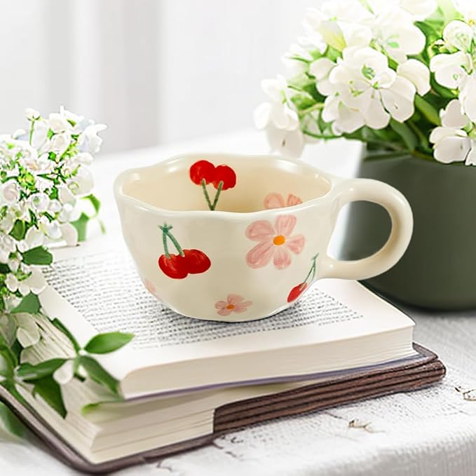 Cute Coffee Mug Gift for Women Ceramic Tea cup Kawaii mugs Handmade Creative Flower Pink mug with Spoon Aesthetic mugs for Cappuccino Milk Cocoa, 8.5 oz Cheery Mug for Mom Mother day (Pink)