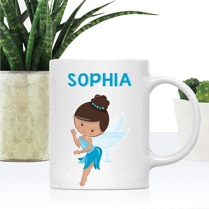 Andaz Press Personalized 11oz. Kids Milk Hot Chocolate Mug, Blue Fairytale Princess, 1-Pack, Custom Child’s Birthday Christmas Coffee Cup