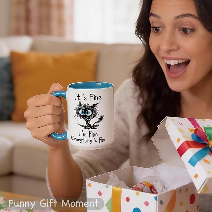 Funny Black Cat Coffee Mug – 15oz Sarcastic I am Fine Everything's Fine Cup – Big Ceramic Mug with Blue Handle – Microwave & Dishwasher Safe – Funny Gag Gift for Cat Lovers, Women, Coworkers
