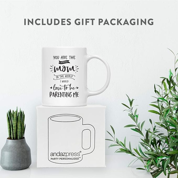Andaz Press Mother's Day 11oz. Ceramic Coffee Tea Mug Gift for Mom, You Are the Luckiest Mom in the World, I Would Love to be Parenting Me, 1-Pack, Birthday Christmas Gift Ideas