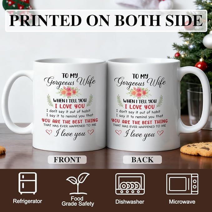 To My Gorgeous Wife Ceramic Coffee Mug for Women, Anniversary Birthday Romantic Gifts for Her Women Wife, Funny 11oz Christmas Day Gifts From Husband, Forever Love Valentine's Day Present