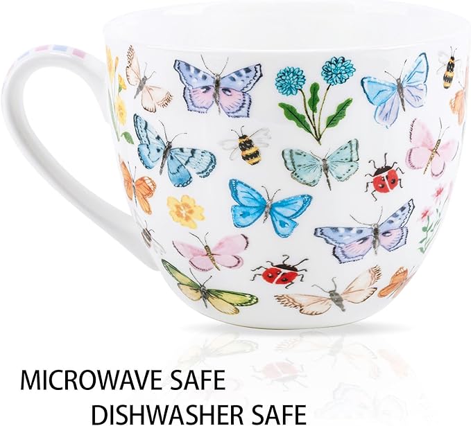 Colorful Butterfly Mug - 20oz Bone China Coffee Tea Hug Mug with Multicolor Butterflies, Ladybugs, Bees & Blooms, Perfect Gifts for Mom Women Mothers Day, Designed in England by Harvest Green Studio