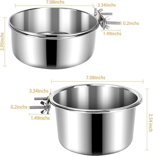 2 Pcs Large Pet Dog Food Water Bowl for Cage Stainless Steel Non-Spill Kennel Hanging Cats Bowls with Clamp Holder Crate Feeder Dish for Medium Large Dogs Huge Pets (7.1x3.7'' & 7.1x2.5'')