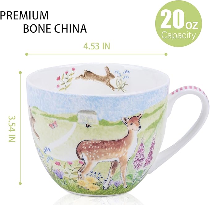 Spring Animals Mug - 20oz Bone China Coffee Tea Hug Mug with Deer, Rabbit, Butterfly & Wildflowers, Thoughtful Gifts for Mom Women Mothers Day, Designed in England by Harvest Green Studio