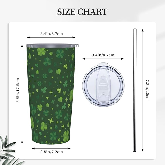 St Patrick's Day Tumbler 20oz Shamrock Stainless Steel Insulated Tumblers with Lid and Straw Irish Clover Travel Coffee Mug Tea Wine Cups Water Bottle Holiday Gifts for Women