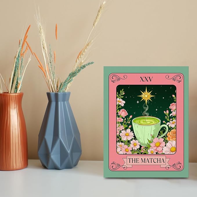 The Matcha Tarot Print Wall Art, Green Tea Vintage Posters Canvas Framed Prints Modern Home Decor, Retro Botanical Floral Poster for Living Room Entryway Bedroom Book Shelf Room Aesthetic