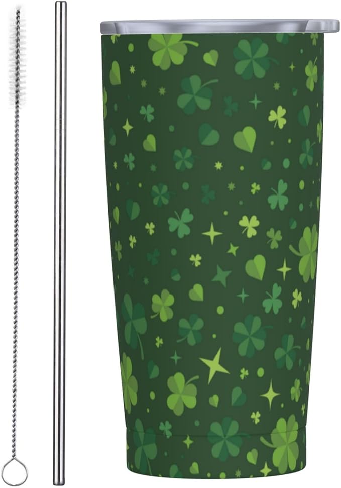 St Patrick's Day Tumbler 20oz Shamrock Stainless Steel Insulated Tumblers with Lid and Straw Irish Clover Travel Coffee Mug Tea Wine Cups Water Bottle Holiday Gifts for Women