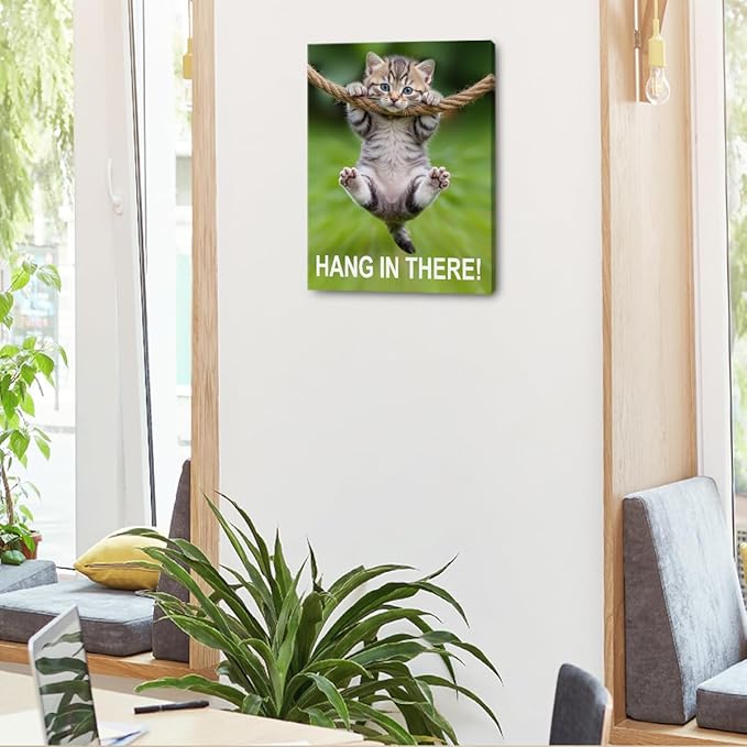 Hang in There Cat Canvas Wall Art, 11.4x15in Funny Motivational Cat Framed Art Paintings Wall Decor Unique Inspirational Gifts Animal Lover Prints Picture for Living Room Bathroom Farmhouse Decor