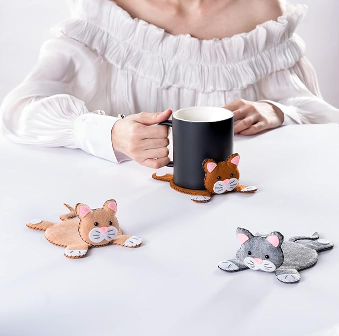 Funny Cat Coasters Set of 4 – Cute Felt Drink Mats for Women, Cat Mom Gift Idea, Animal Lover Decor, Coaster Set for Drinks, Unique Gag Present, Cool Stuff for Her