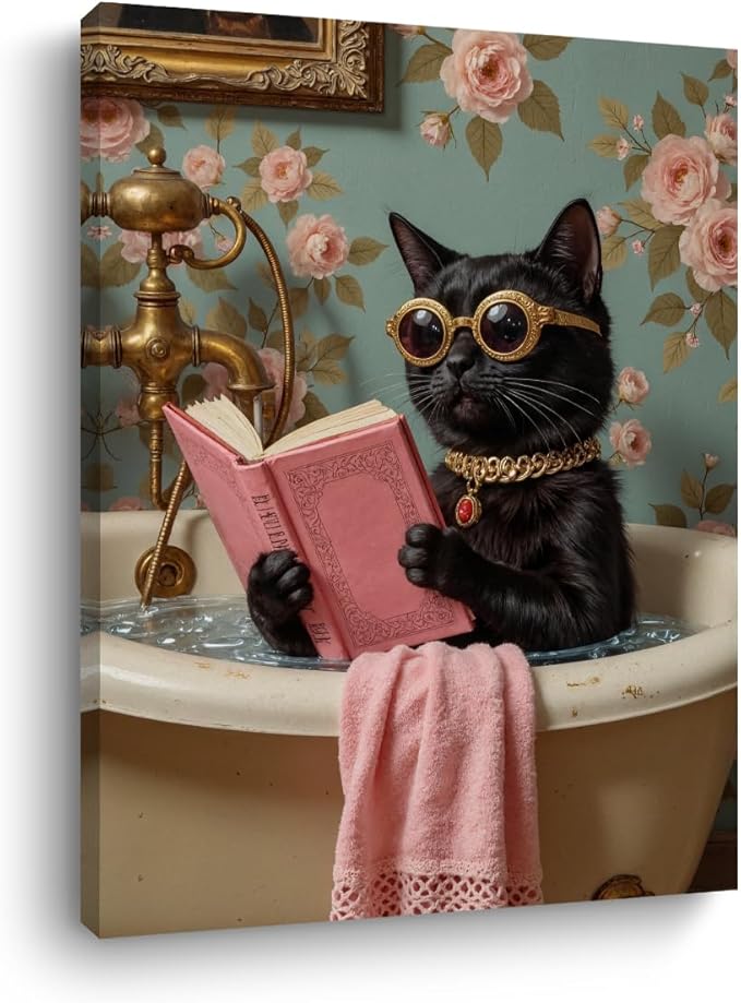 Funny Cat Bathroom Canvas Wall Art, 11.4x15in Cat Framed Art Paintings Wall Decor Unique Gifts Animal Lover Prints Picture for Living Room Bathroom Farmhouse Decor