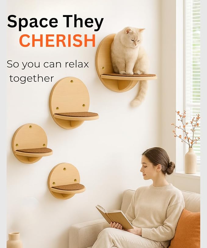 Cat Wall Shelves - Set of 4 Round Floating Wall Steps Scratch Pads, up to 20Lbs. Saving-Space Decorative Wall-Mounted Cat Furniture for Climbing, Playing & Resting - Solid Natural Wood by INSTINTO