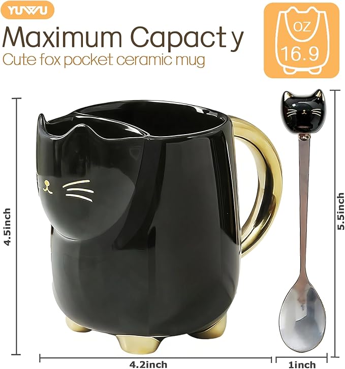 Yuwu 17oz Cat Mug with Tea Bag Holder & Spoon – Cute Ceramic kitty Coffee Cup Gift for Cat Lovers, Women, Girls – Tea Mug for Birthday, Christmas, Valentine’s Day(black)