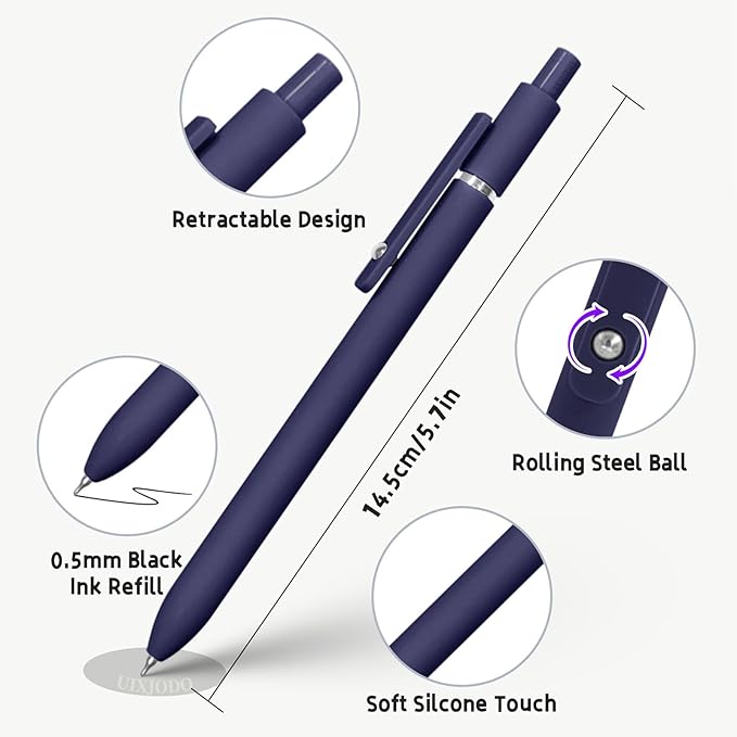 UIXJODO Gel Pens, 5 Pcs 0.5mm Black Ink Pens Fine Point Smooth Writing Pens with Silicone Grip, High-End Series Metal Clip Retractable Pens for Journaling Note Taking (Vintage)
