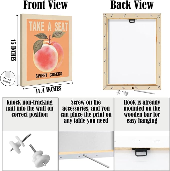 Take A Seat Sweet Cheeks Framed Canvas Wall Art, Lovely Peach Decor Wall Painting, Funny Abstract Fruits Poster Modern Decor for Home Living Room Bedroom Office, 11.4"x15"