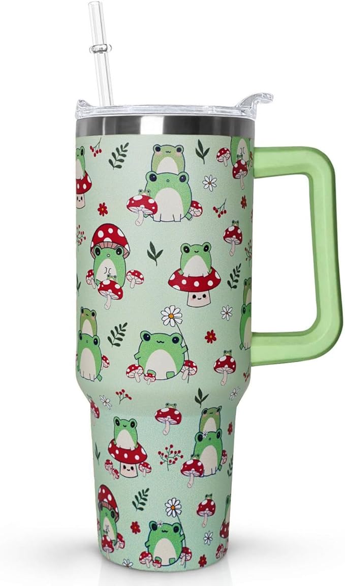 Ceovfoi 40 oz Frog Tumbler With Handle, Lid and Straw - Cute Green Kawaii Mushroom Gifts for Women, Decor, Accessories
