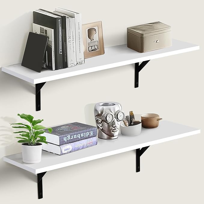 Tectocker-DOU Heavy Duty Long Wall Shelves Set of 2, Floating Shelves Wall Mounted with Industrial Brackets, 40lbs Capacity Shelves for Laundry Room, Kitchen, Bathroom, Living Room (31.5"*8",White)