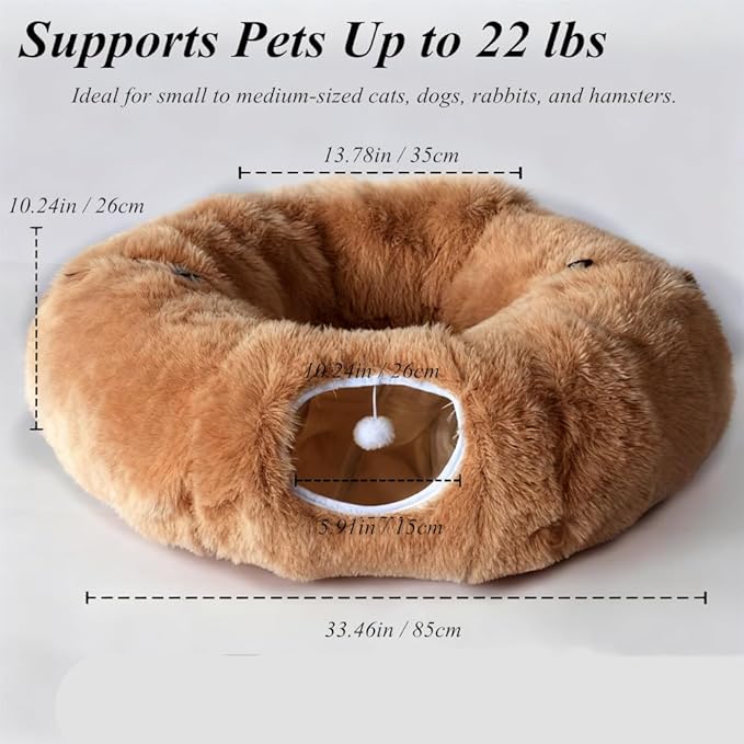 Cat Tunnel Christmas Tree Skirt， Cat Bed Under The Xmas Tree, Soft Plush Kitty Tunnel Bed with Washable Cushion, Two-Entry Peekaboo Round Christmas Cats Donut for Kitten Puppy Rabbit Ferret (Brown)