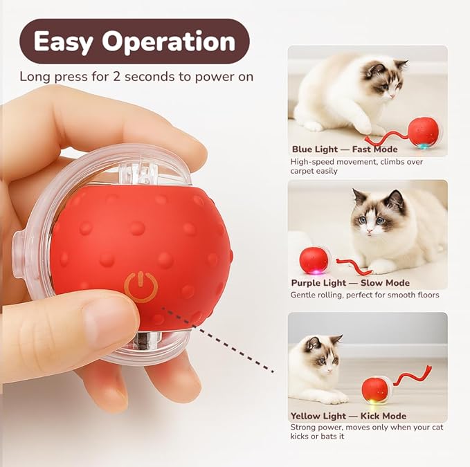 Interactive Cat Toy Ball for Indoor Cats – Fast Rolling on Carpet, Motion Activated with Chirping Sounds, Smart Play Toy (Crimson)