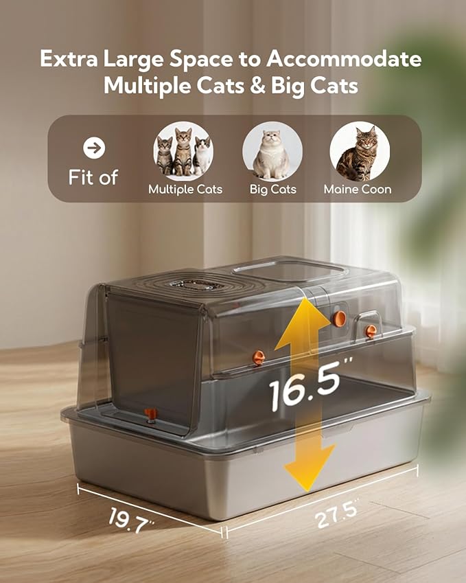 Soulbond XXXL Stainless Steel Litter Box with Lid, 27.5" L x 19.7" W x 16.5" H Large Covered Metal Jumbo Cat Litter Box Enclosed for Large and Multi-Cat Families, Easy to Clean