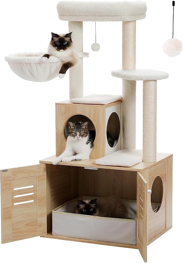 MUTTROS Cat Tree with Litter Box Enclosure, 50" Modern Cat Tree for Large/Fat Cats with Cat Condo, Wooden Cat Furniture with Large Hammock and Top Perch, Beige