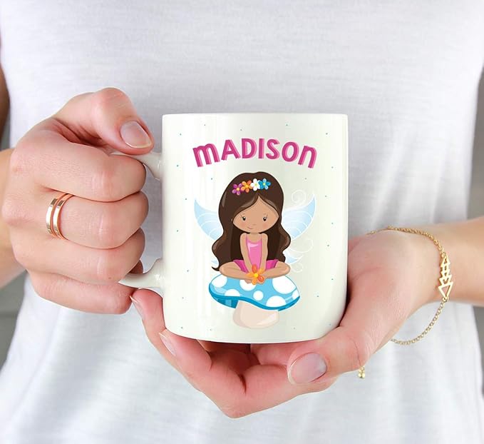 Andaz Press Personalized 11oz. Kids Milk Hot Chocolate Mug, Pink Fairytale Princess with Blue Mushroom, 1-Pack, Custom Child’s Birthday Christmas Coffee Cup