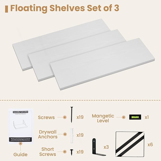 Heimlove Floating Book Shelves for Wall,23.6 Inches Wall Bookshelf Mounted Display&Storage Wood Shelves for Kitchen Bathroom Laundry Living Room,Set of 3,White