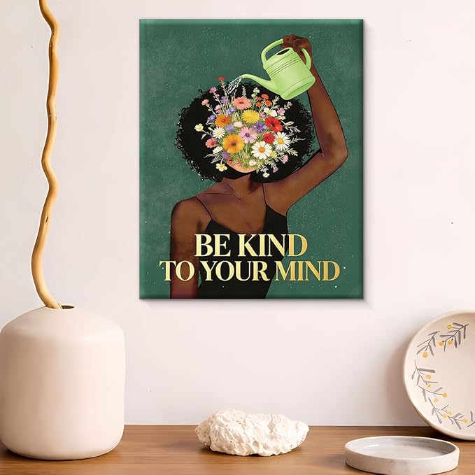Vintage Floral Woman Canvas Wall Art Positive Be Kind to Your Mind Print Painting Inspirational Wall Decor for Home Living Room Bedroom 8x10 Inches Framed